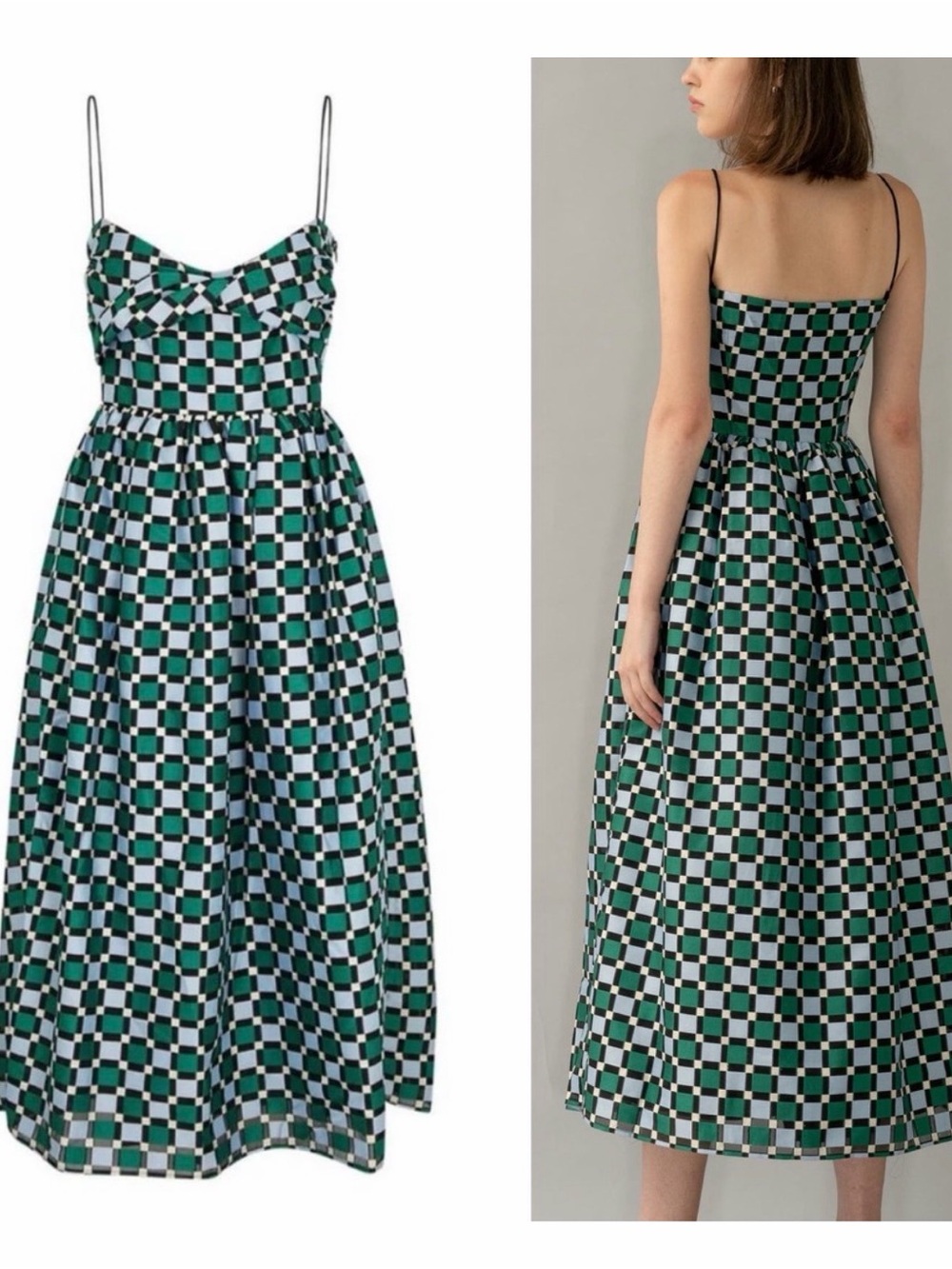 Stine Goya Arya Metallic Checkered Midi Dress XL Green Blue Pockets